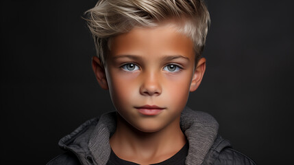 Fototapeta premium Portrait of a 6-Year-Old Boy on Dark Background, Focused Expression