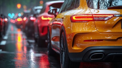 Obraz premium Urban Traffic with Tailpipes in Rainy Environment