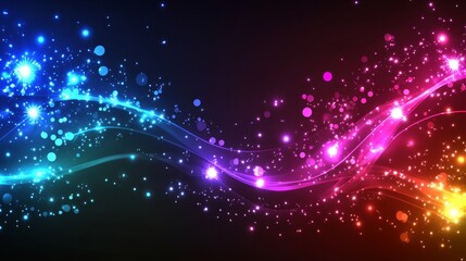 Obraz premium A vibrant abstract design featuring colorful light trails and particles against a dark background.