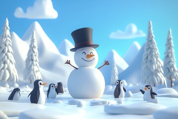 Fototapeta premium 3D animated snowman with a top hat surrounded by penguins in a snowy landscape, minimalist style with snowy trees, clear sky, and mountains.