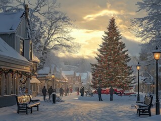 Fototapeta premium Joyful Holiday Spirit inSnowy Town Square withFestively Adorned Christmas Tree