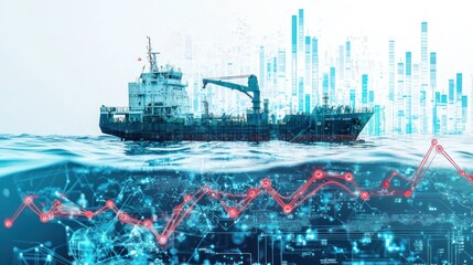 Obraz premium Cargo ship navigates ocean while surrounded by data visualizations