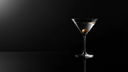 Martini Cocktail with Olive in Glass on Black Background