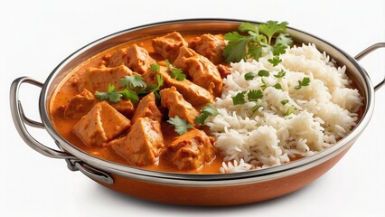 A transparent or white background with an isolated image of Indian butter chicken curry in a balti dish