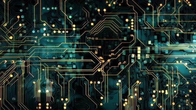 Visualization of a digital impact or a processor or computer starting, booting and data transmission in board chip. Green glowing circuit chip, board, microchip. 