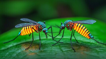 Two vibrant, colorful mosquitoes on a green leaf, showcasing their striking yellow and blue patterns in a close-up view.