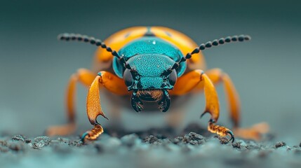 Fototapeta premium A close-up of a vibrant, multicolored beetle with a striking turquoise and orange body, showcasing intricate details and textures.