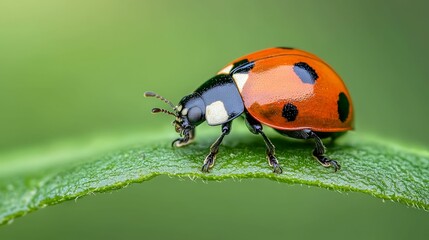 Obraz premium A vibrant ladybug with red and black spots rests on a green leaf, showcasing intricate details in a natural setting.