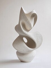 An abstract sculpture features dynamic forms and captivating textures against a pristine backdrop, celebrating artistic innovation.