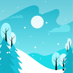 winter landscape with snow,  Flat design winter background, Hand drawn winter landscape