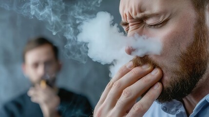 Close-Up of Man Exposed to Secondhand Smoke Indoors A man wincing while exposed to secondhand smoke from another smoker nearby, illustrating the discomfort and health risks of passive smoking