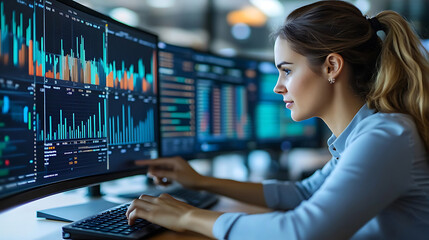 data analyst working intently on multiple screens, analyzing graphs and charts. environment is modern and tech focused, showcasing collaborative workspace