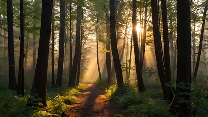 Obraz premium Sunbeams Streaming Through a Misty Forest Path