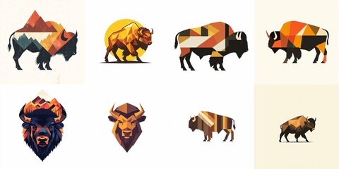A stylized logo set featuring a bison silhouette with bold geometric shapes and earthy hues, symbolizing strength and resilience against a white backdrop.