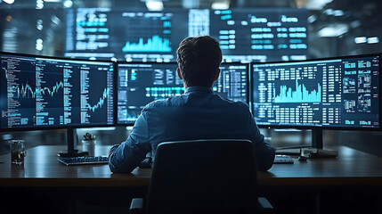 Fototapeta premium Data analyst working at large desk with multiple monitors displaying financial data and graphs. atmosphere is focused and analytical, showcasing modern workspace