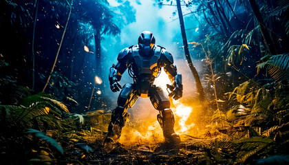 Fototapeta premium In comic book style astronaut, alien, robot in armored spacesuit in action. Starship troopers, star wars, space exploration, space science