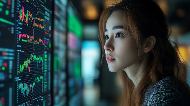 Data analyst reviewing large datasets on multiple screens, focused on trends and insights, showcasing modern workspace