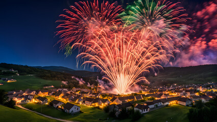 Fireworks creating a grand explosion of colors above a peaceful countryside village, Ai generated