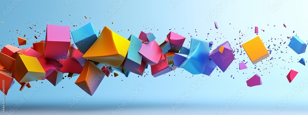 Poster colorful abstract blocks exploding against a blue background, creating a dynamic and playful visual 