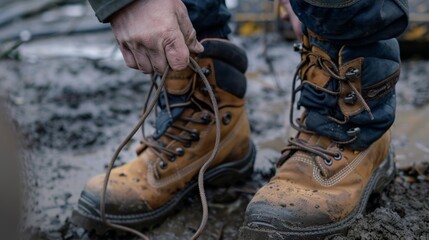 A worker checking the laces on their steeltoed boots as their coworker reminds them to tie them tightly for maximum protection.