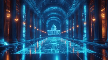 Futuristic hall with glowing blue columns and a digital pathway leading to a white building.