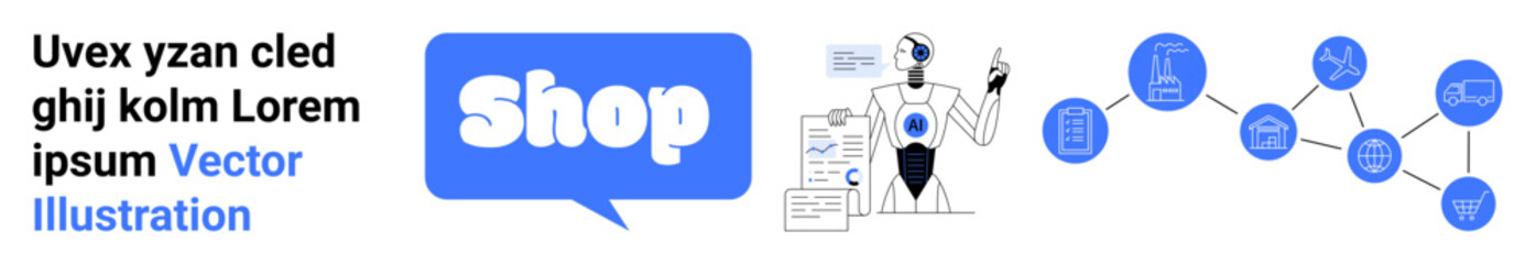 Robot holding shopping bags while engaging in digital marketing activities like data analysis and network connections. Ideal for technology, e-commerce, automation, digital marketing, online