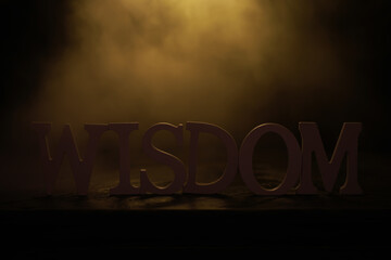Wisdom Concept: Abstract Wooden Word in Moody Backlit Fog