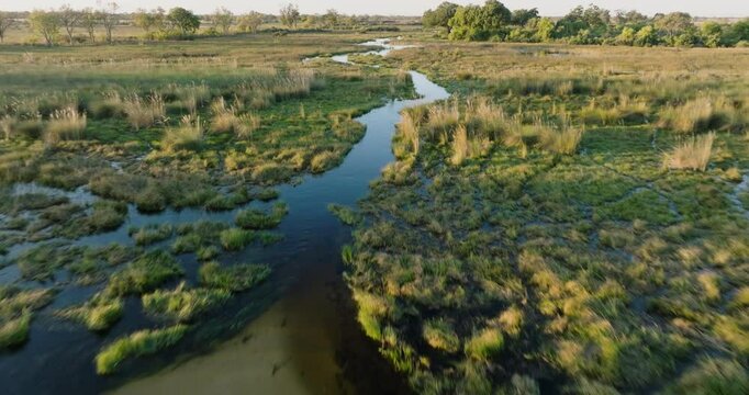 High aerial fly over view tilt-up of the beautiful waterways and lagoons of the Okavango Delta  