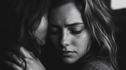 Obraz premium A young woman with freckles and closed eyes is being comforted by an older woman, both with long hair, in a black and white portrait.
