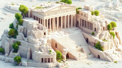 A 3D render of an ancient temple built into a cliffside.