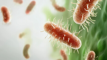 Fototapeta premium Bacterial colony growth with dividing cells in detail, showcasing vibrant microorganisms. This 3D illustration highlights complexity of microbial life
