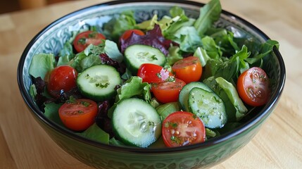 Vibrant Salad Bowl: A Colorful Blend of Mixed Greens, Cucumbers & Cherry Tomatoes - Perfect for Sporty Interior Decor or Healthy Living Inspiration Poster!