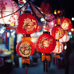 Red lanterns hanging and celebrating chinese new year festivities