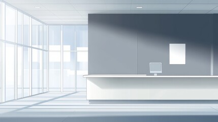 Fototapeta premium A bright, minimalist reception area with a desk and a computer, emphasizing openness and professionalism.