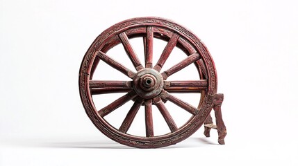 Fototapeta premium A beautifully crafted wheel showcases intricate designs against a pristine white backdrop, emphasizing its traditional artistry.