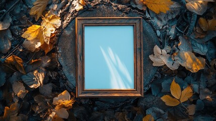 Blank photo frame on wooden surface surrounded by autumn leaves.
