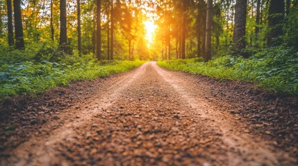 Fototapeta premium Dirt Road Through Lush Green Forest at Sunset