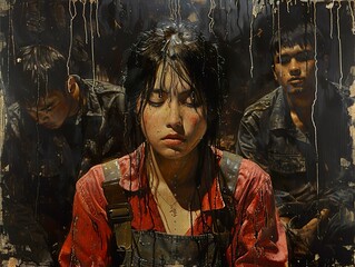 Obraz premium Intense Gaze: A Realistic Portrait of a Young Woman with Men in the Background