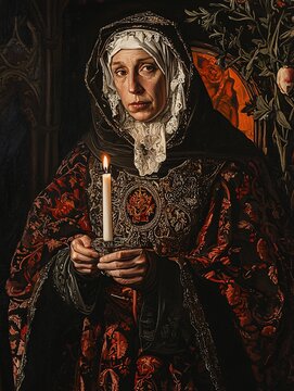 Saint Walburga, adorned in her elaborate habit, radiates faith and light as she holds a candle amidst a richly detailed historical backdrop.