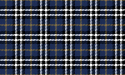 Plaid fabric pattern, blue, white, black, yellow, seamless modern plain for textile and design clothes skirt pants apron tablecloth blanket or decoration fabric. Vector illustration.