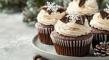 Chocolate cupcakes with whipped cream frosting decorated with dark chocolate pieces and sugar snowflakes