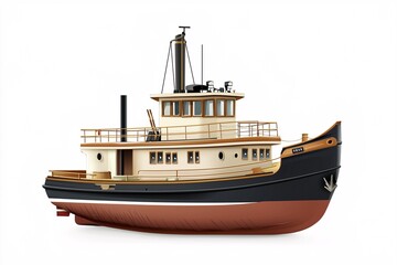 Fototapeta premium Classic front view illustration of a tugboat, ideal for marine-themed projects, set against a white background.