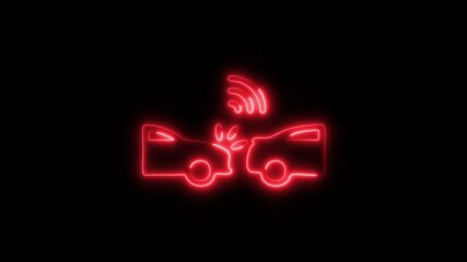 Glowing Accident Car Icon and Symbol in HD Video Neon Animation on Black Background