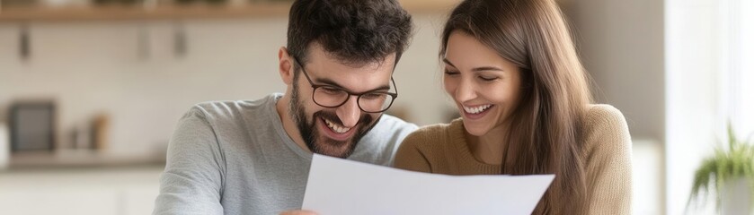 Couple smiling while reading through favorable mortgage terms, celebrating savings, warm ambiance
