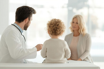 A child sitting on an examination table, a doctor using a stethoscope to check the childs heartbeat, the parent watching with concern, bright and clean medical environment