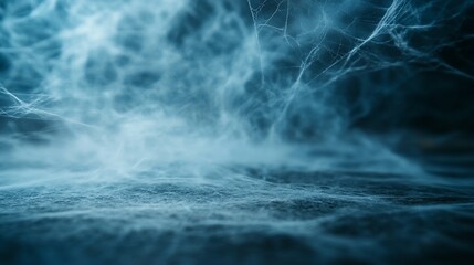 A close-up shot of a spider web with fog and a dark background. The web is in focus and the fog is blurred, creating a sense of mystery.