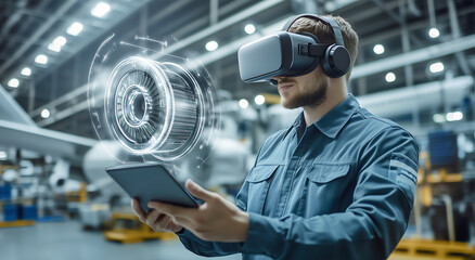 Man engaged with virtual reality and augmented technology in modern industrial setting.