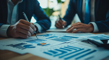 Close-up of smiling businessmen discussing documents with graphs and charts in a modern office