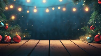 Christmas holidays scenic background with wooden table and christmas decoration.