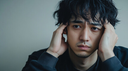 Worried young Japanese man with head in hands